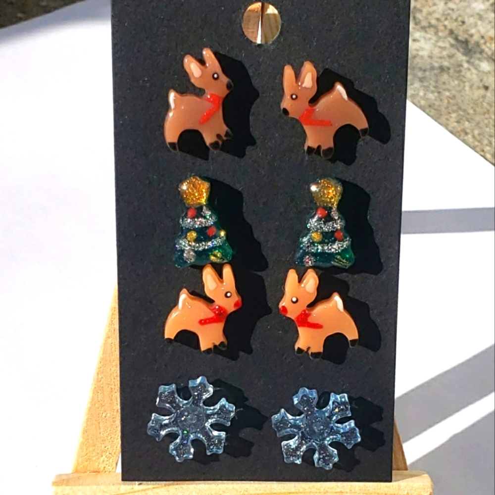 Christmas Earrings/4 pack/Stud Earrings/Handmade/ Resin Jewelry/Stainless Steel